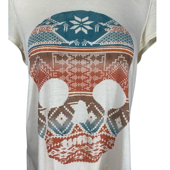 Day trip Aztec Southwest Skull Split Back Cream Tee Sz M - Picture 2 of 4